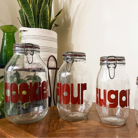 VINTAGE 60’s 70’s RARE mcm canister set block letter cookie sugar tea flour - Picture 3 of 11